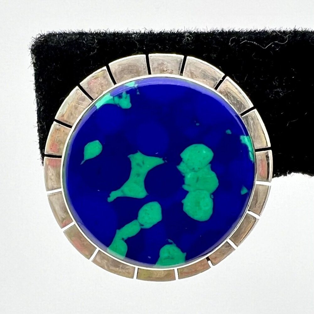 Vintage Azurite Malachite Clip-on Earrings Sterling Silver Southwest Mexico 925 - Picture 4 of 8